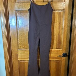 Qinsen Brown adjustable spaghetti strap￼jump suit W/Flare legs size Lg-EUC